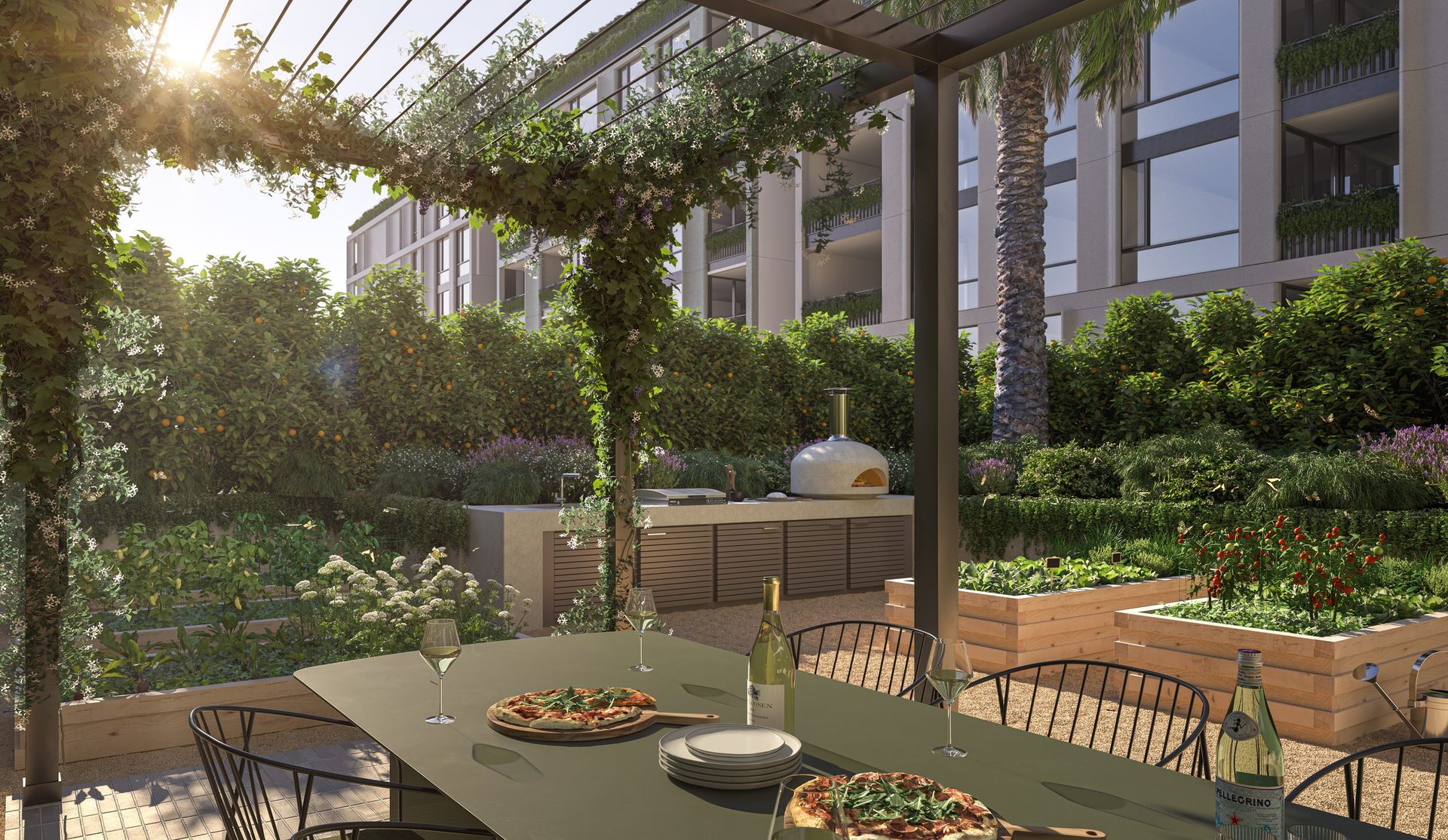 The Woodburn market garden and communal dining among the established gardens, artist impression