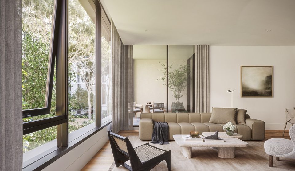 Light-filled living with treetop outlook, artist impression